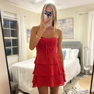 Red strapless dress